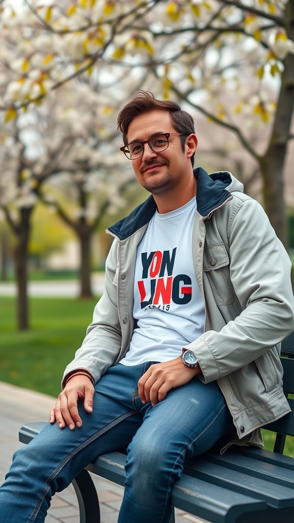 A man sitting on a bench wearing a graphic tee and a light jacket in a spring setting.