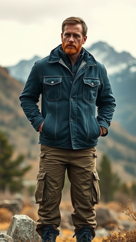 A rugged man wearing a heavy-duty denim jacket and cargo pants, standing amidst a scenic mountain backdrop.