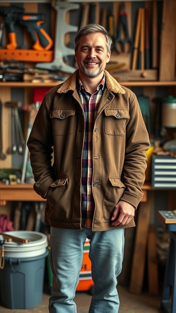 A man wearing a plaid chore coat, flannel shirt, and grey jeans in a workshop setting.