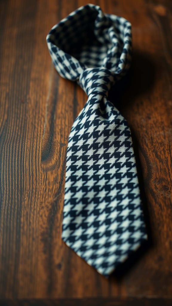 A houndstooth tie laid on a wooden surface