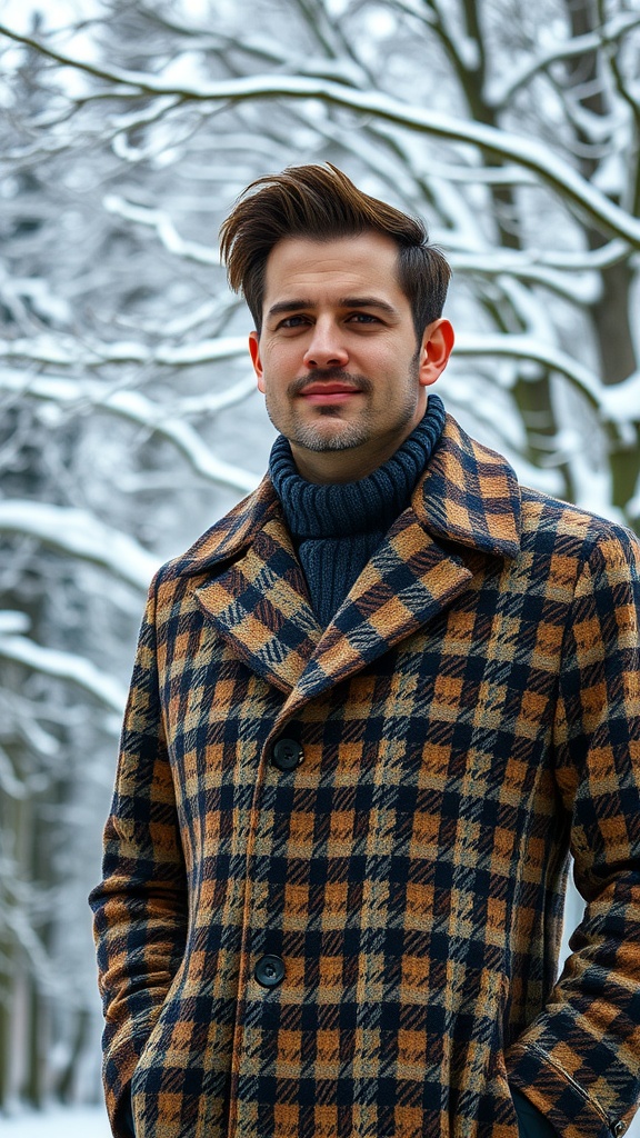 A man in a stylish houndstooth coat standing in a snowy outdoor setting