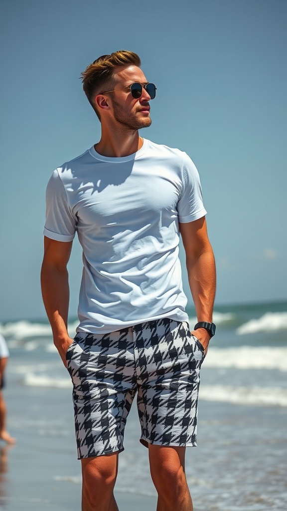 A man in houndstooth shorts standing on the beach, looking out at the ocean.