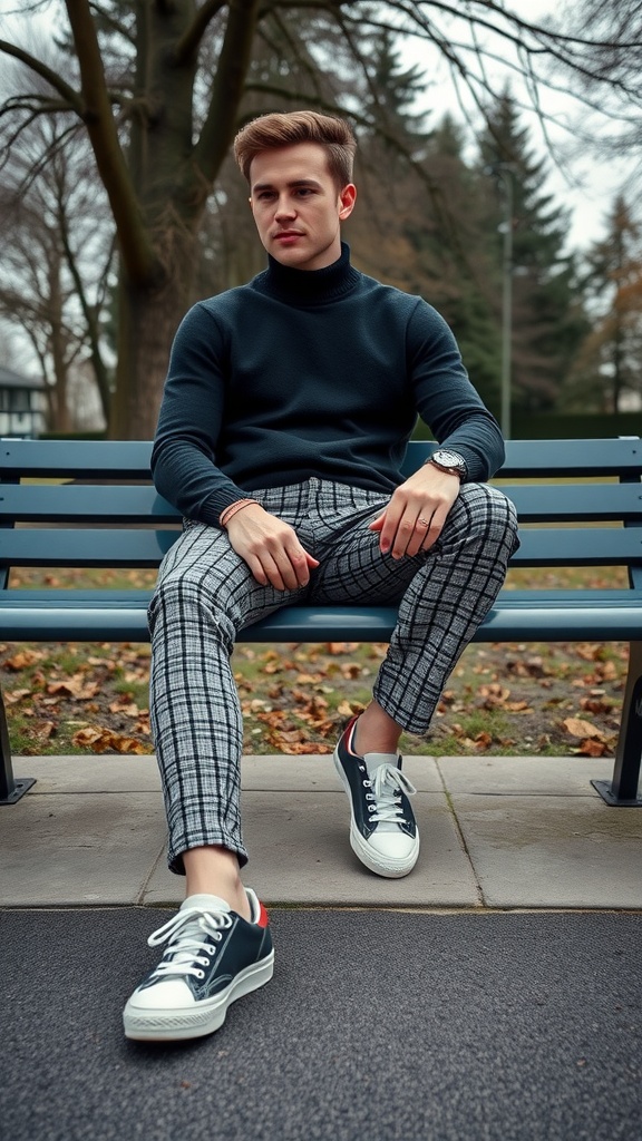 A young man wearing houndstooth trousers and a navy turtleneck, sitting on a bench with stylish sneakers.