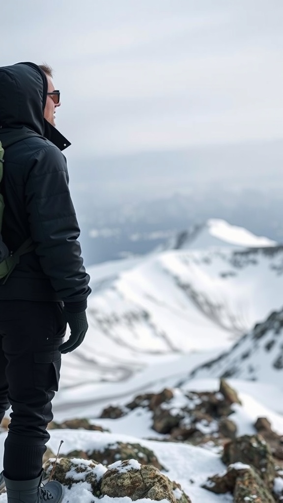 A man wearing an insulated parka and fleece layer, standing on a snowy mountain