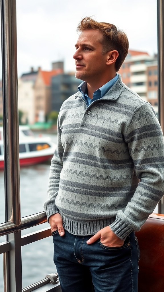 Man wearing a gray sweater over a blue collared shirt, standing on a riverboat with a waterfront view.