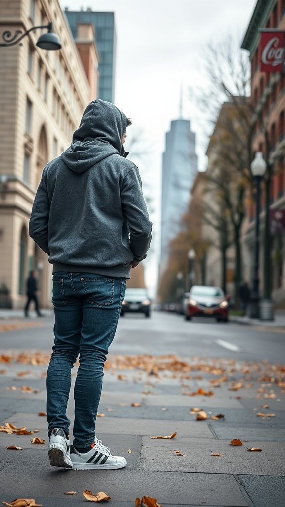 A man wearing a grey hoodie and skinny jeans walking down a city street with fallen leaves