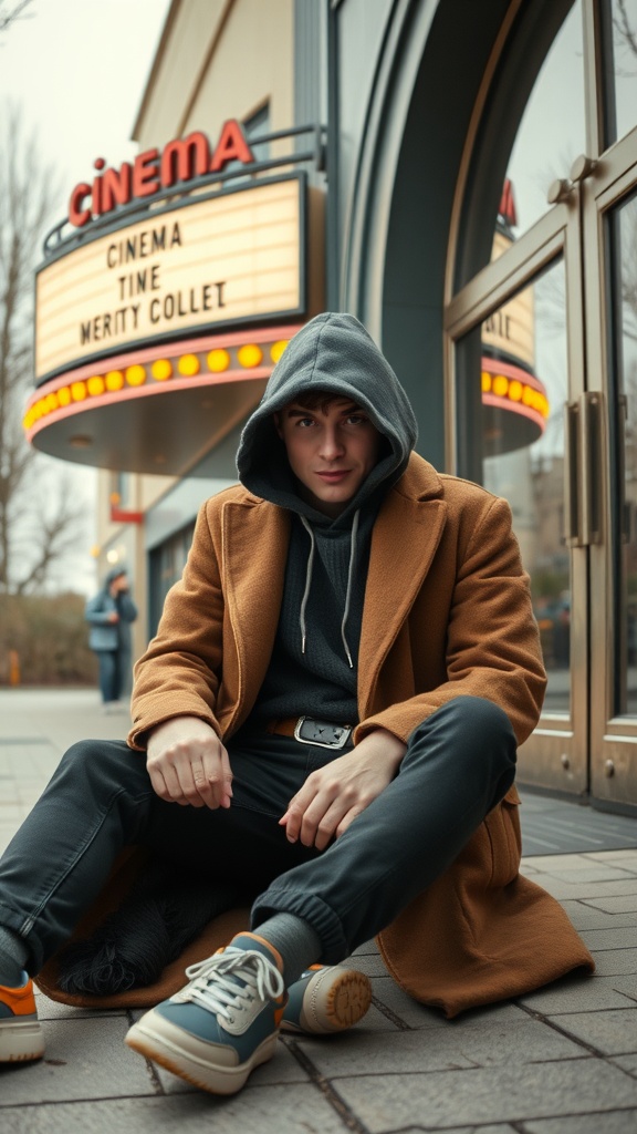 A young man in a grey hoodie and brown overcoat sitting in front of a cinema.