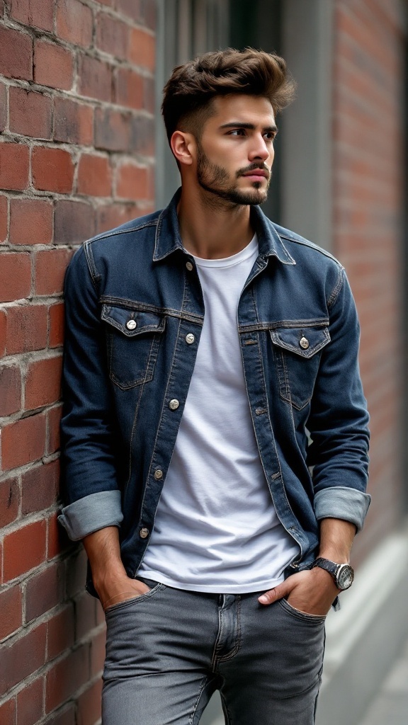 Man wearing a denim jacket over a white t-shirt, paired with grey jeans, standing against a brick wall.