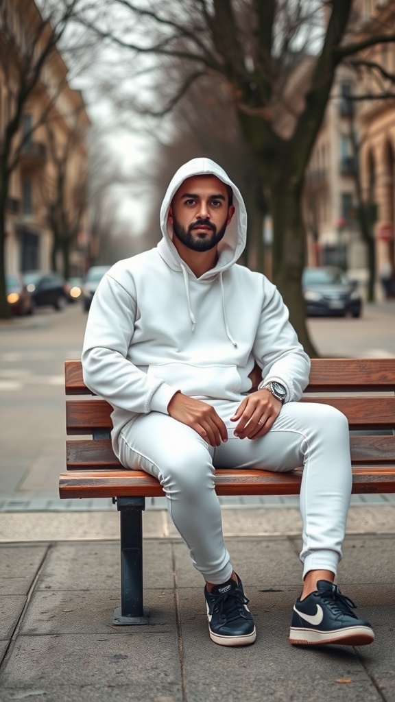 Man wearing a layered white hoodie outfit sitting on a bench in a city setting.