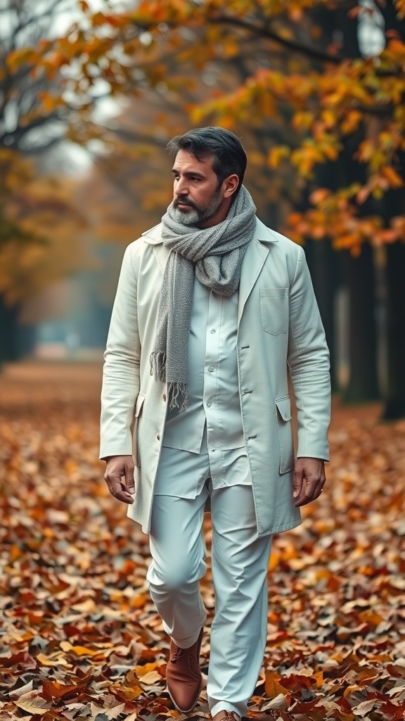 A man in a layered white outfit walks through an autumn scene with fallen leaves.