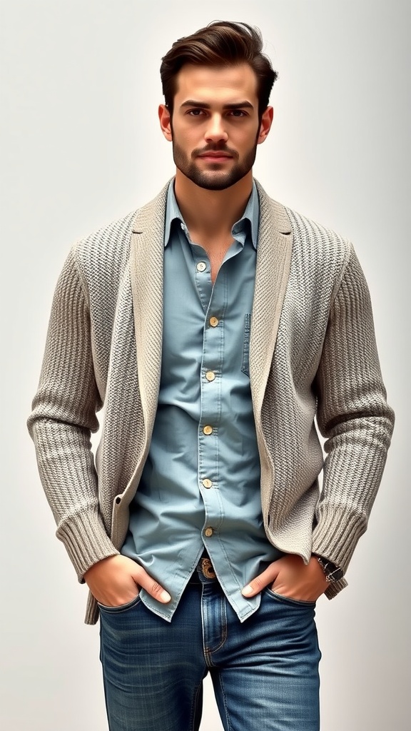 A man wearing a light cardigan over a button-up shirt, showcasing a stylish layered outfit.