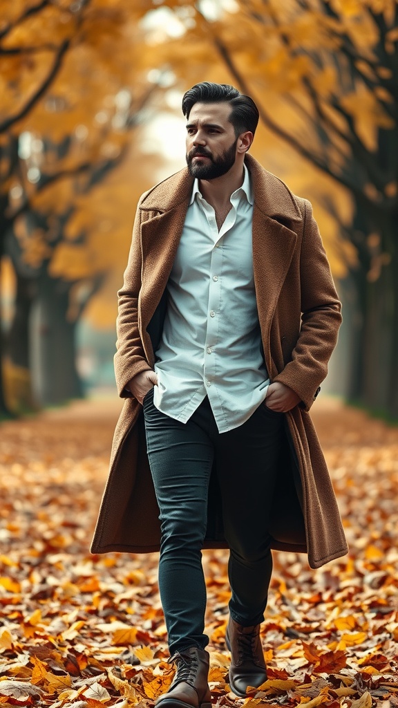 A man in a brown coat and white shirt walking through an autumn park with fallen leaves.