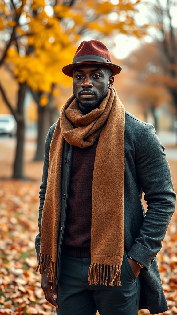 A man wearing a stylish outfit with a scarf and hat, standing amidst autumn leaves.