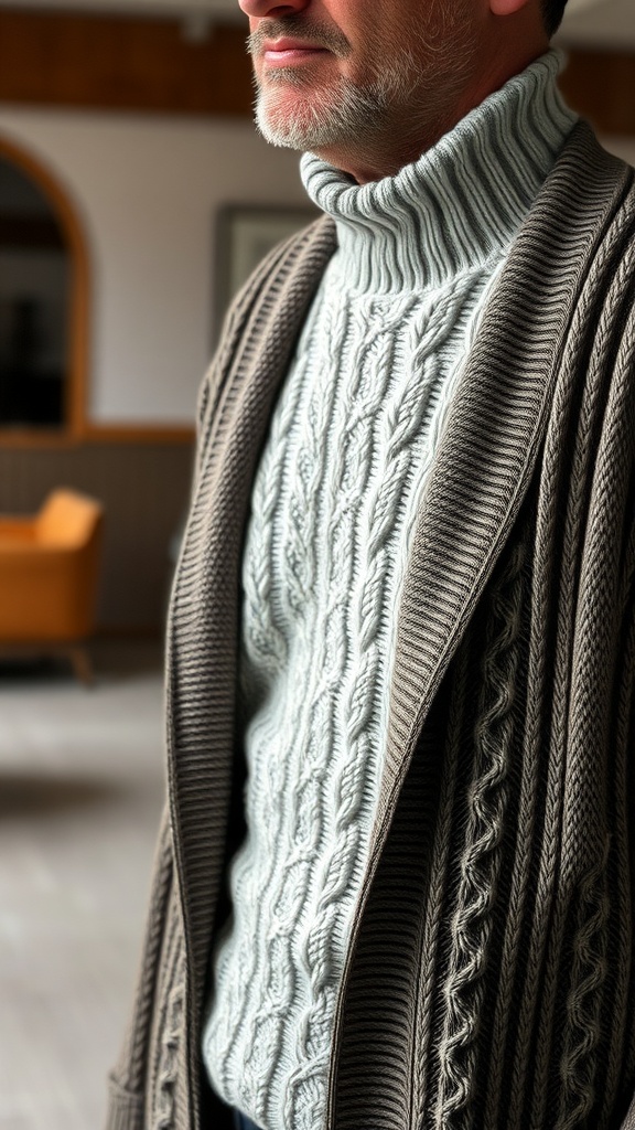 A man wearing a brown cardigan over a light grey cable-knit sweater, showcasing a stylish layering of textures.