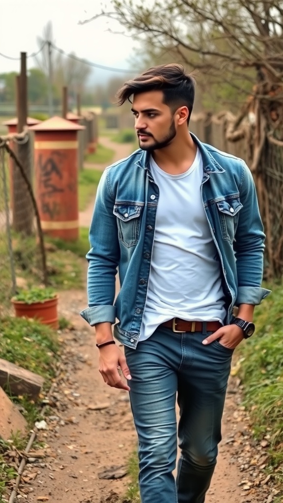 A man walking down a path wearing a white shirt layered with a denim jacket.