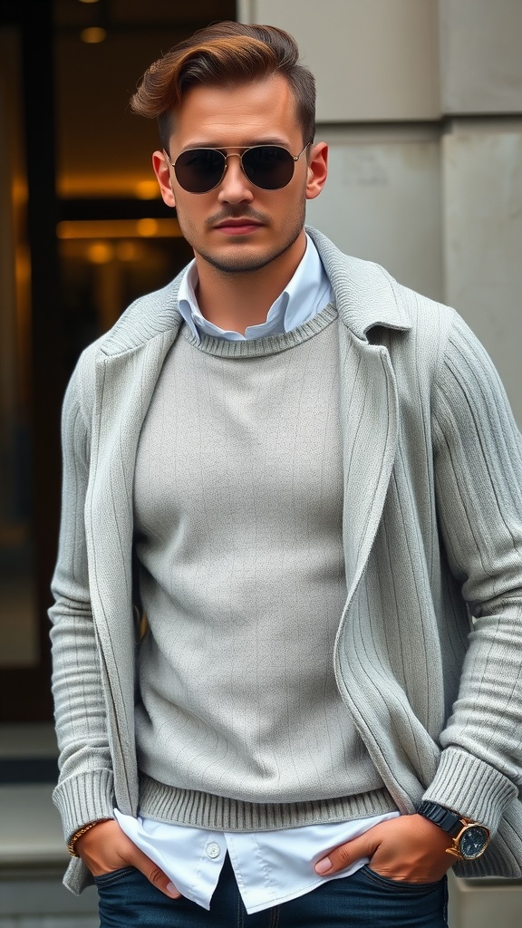 A man in a lightweight sweater over a white shirt, wearing sunglasses and a watch, exuding a stylish look.