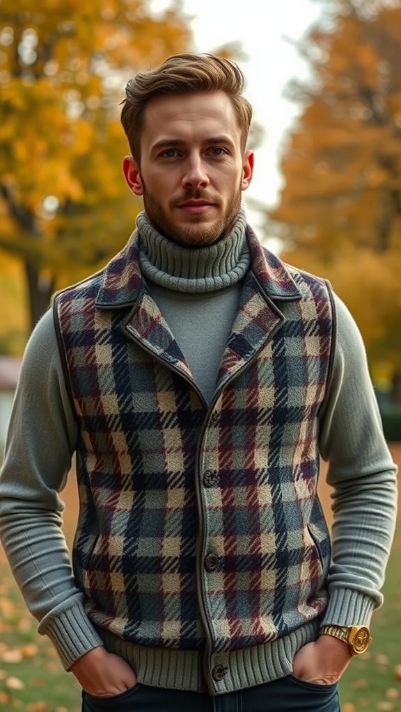 A man wearing a houndstooth vest over a turtleneck sweater, standing outdoors in autumn foliage.