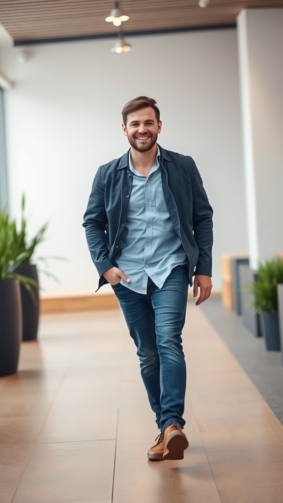 A man walking confidently in a modern hallway, wearing a casual outfit and smiling.