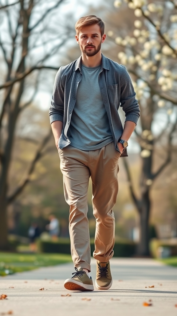 A man walking in a park wearing lightweight chinos and casual sneakers.