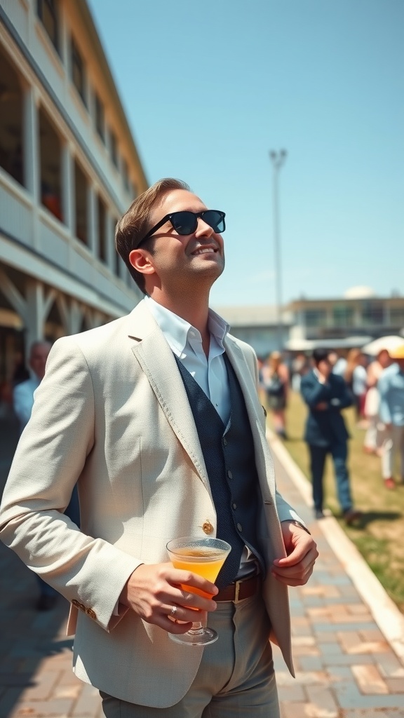 A man in a lightweight linen blazer smiling outdoors, holding a drink, with a crowd in the background.