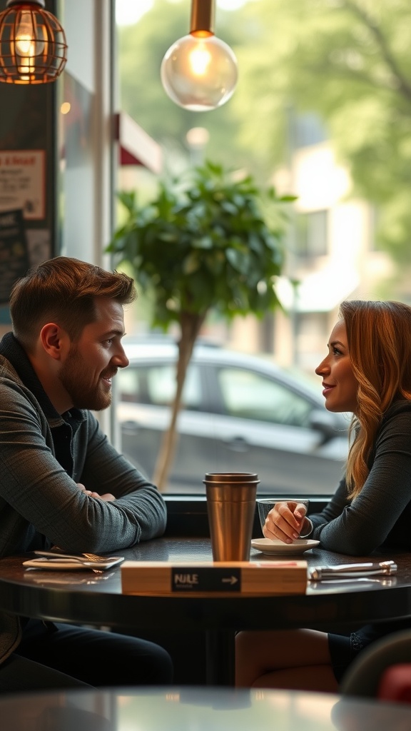 A man and woman smiling and engaging in conversation at a café, showcasing the importance of eye contact in flirting.