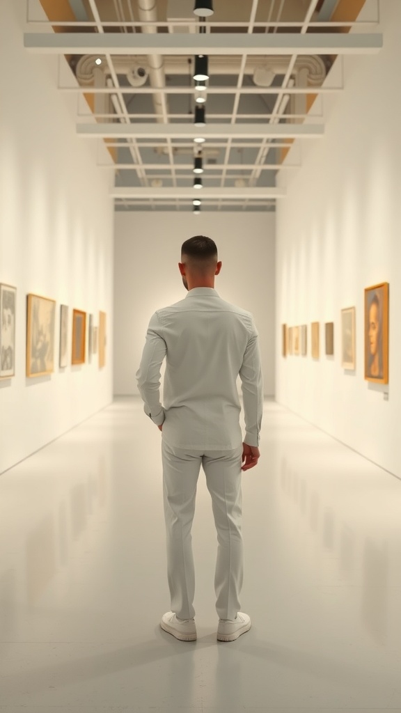 A man in a white outfit standing in a gallery