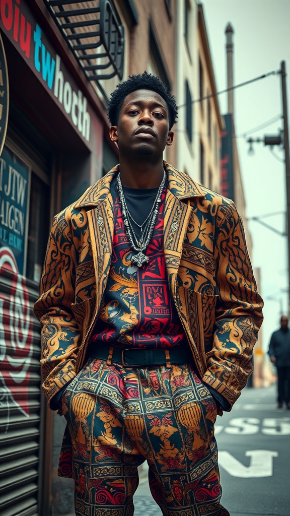 A stylish black man wearing a patterned outfit featuring a graphic shirt and patterned pants, standing confidently on a city street.