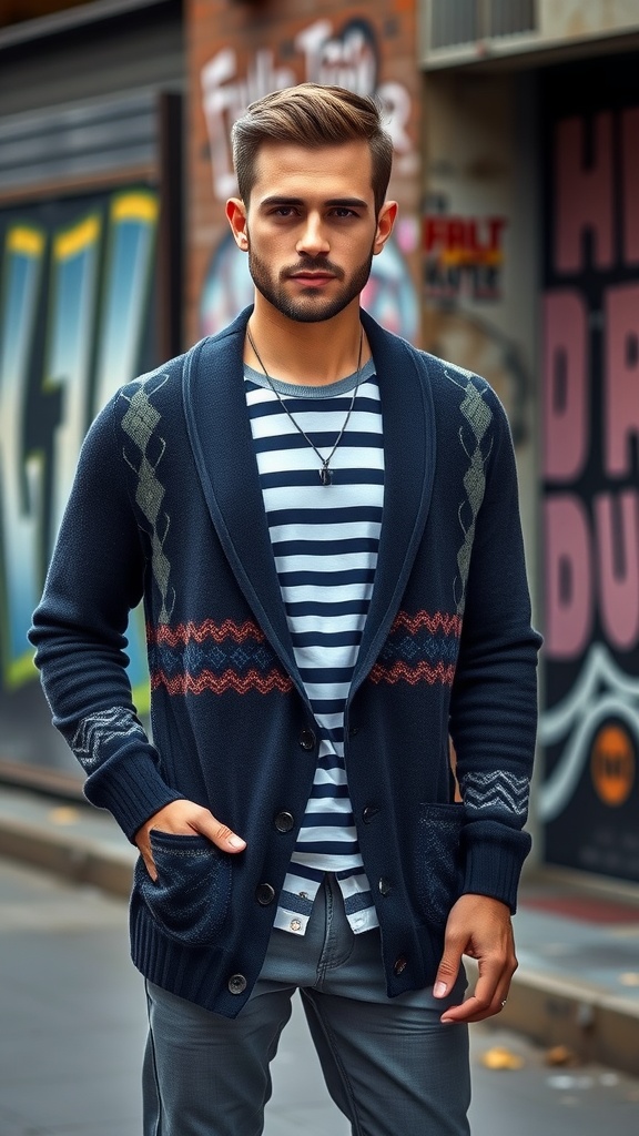 A man wearing a patterned cardigan over a striped shirt, showcasing a mixed patterns outfit.