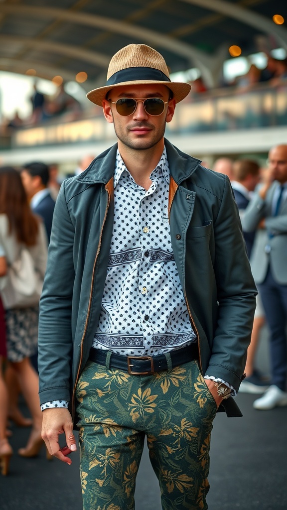 A well-dressed man in a patterned shirt and floral pants at a derby event.