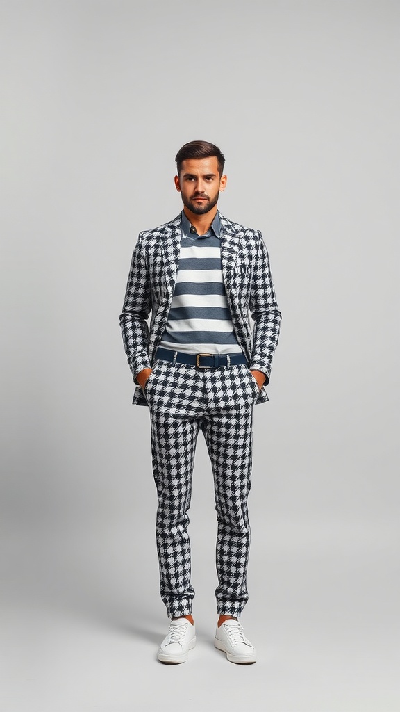 A man wearing a houndstooth suit with a striped shirt and white sneakers.