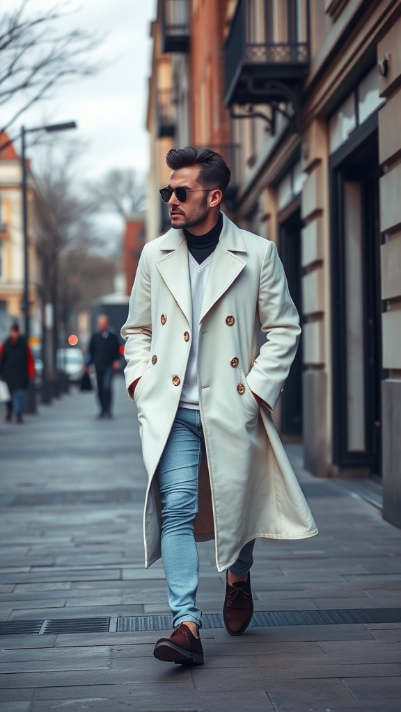 A man wearing a modern white overcoat, black turtleneck, light blue jeans, and brown shoes, walking on a city street.