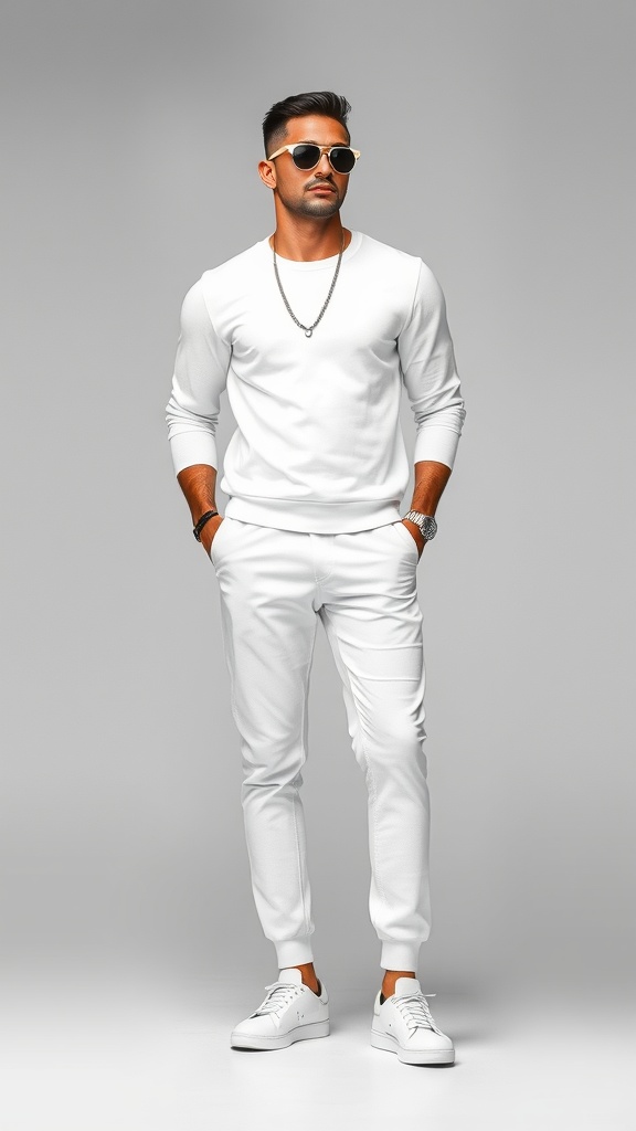 A man in a monochromatic white outfit featuring a white sweatshirt, joggers, and sneakers, accessorized with sunglasses and a chain.