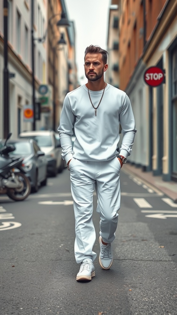 A man in a white outfit walking on a city street