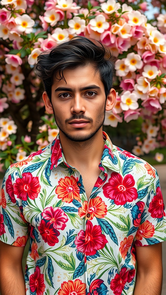 A man wearing a floral patterned short-sleeve shirt standing in front of flowering plants.