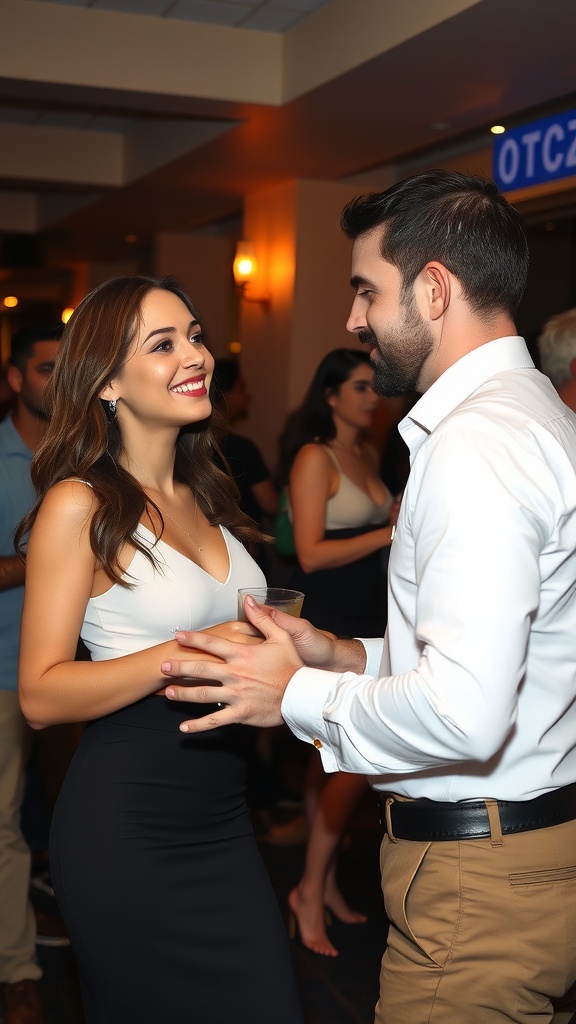 A man and a woman smiling and engaging in a flirty conversation at a social event.