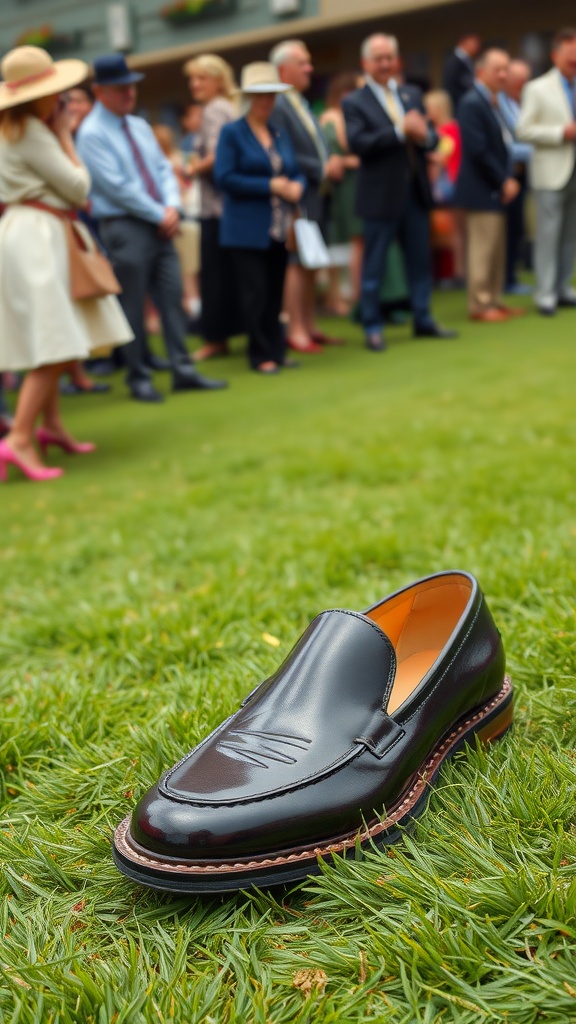 A pair of polished leather loafers on grass with a crowd in the background at a derby event.