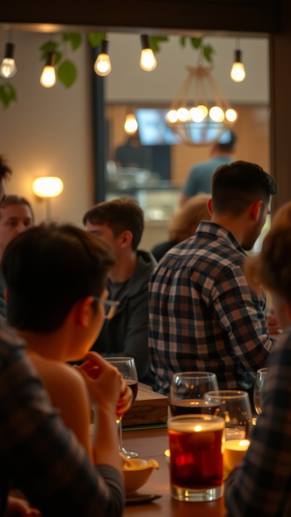 A warm and inviting restaurant scene with people engaged in conversation over drinks.