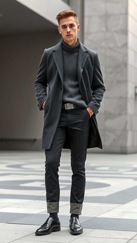 Model wearing a refined monochromatic outfit with a dark turtleneck, coat, and tailored trousers.