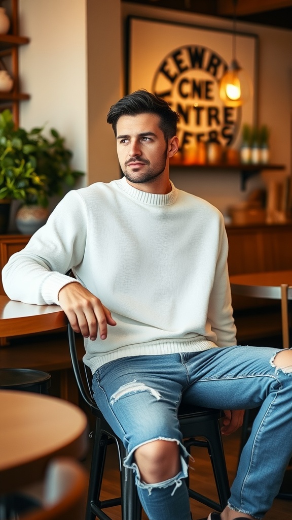 A man wearing a relaxed fit white sweater and ripped blue jeans, sitting casually in a stylish café.