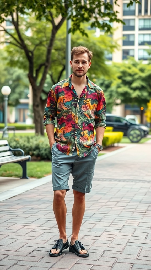 A man wearing a colorful patterned shirt and gray shorts, standing in a park.