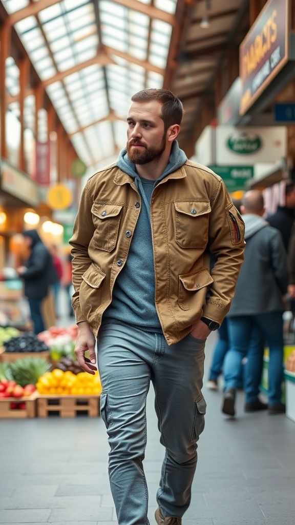 A man walking in a market wearing grey jeans, a brown cargo jacket, and a blue hoodie.