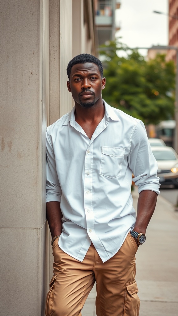 A man in a light blue shirt and beige cargo pants leaning against a wall in an urban setting.