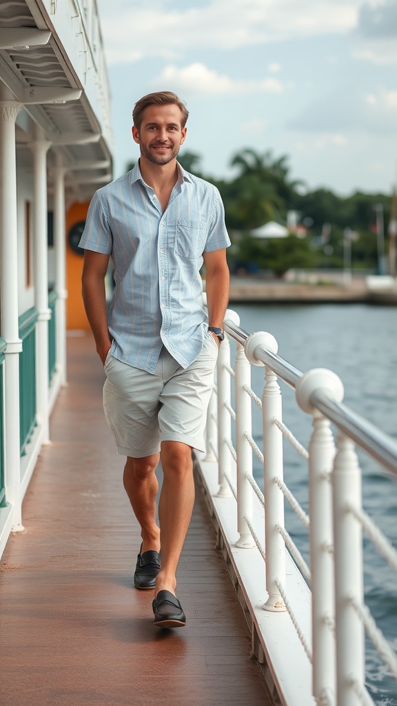 A man walking on a riverboat deck, wearing a short-sleeved shirt and shorts.