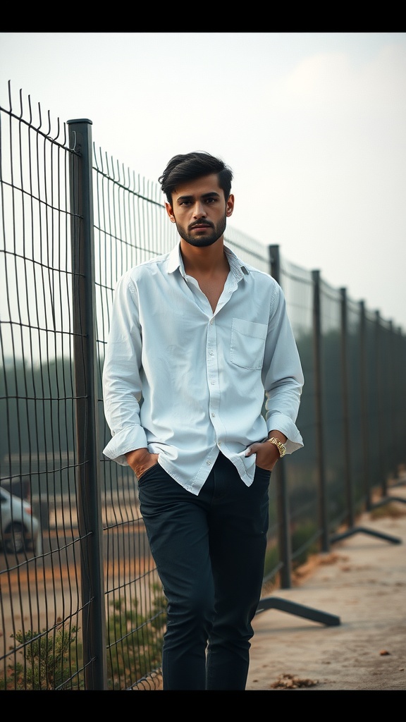 A man in a white shirt and dark trousers, standing casually near a fence.