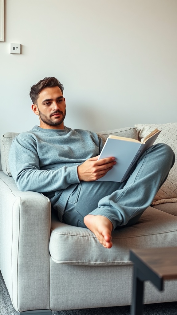 A man sitting on a couch, reading a book while wearing a light grey sweatshirt and grey jeans.