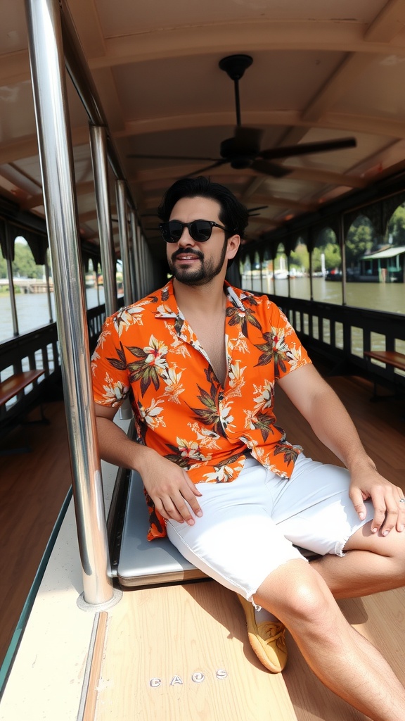 A man dressed in a floral shirt and shorts sitting on a riverboat, showing a relaxed summer vibe.