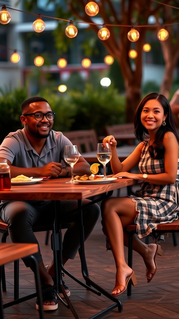 A man enjoying a relaxed meal outdoors in a casual polo shirt and shorts.