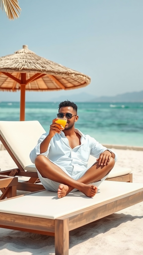 A man in a relaxed white beach outfit lounging on a sunbed with a drink in hand.