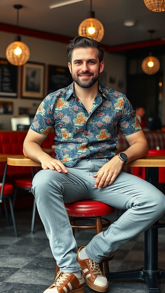 A man sitting at a café wearing a patterned shirt and grey jeans, showcasing a retro style.