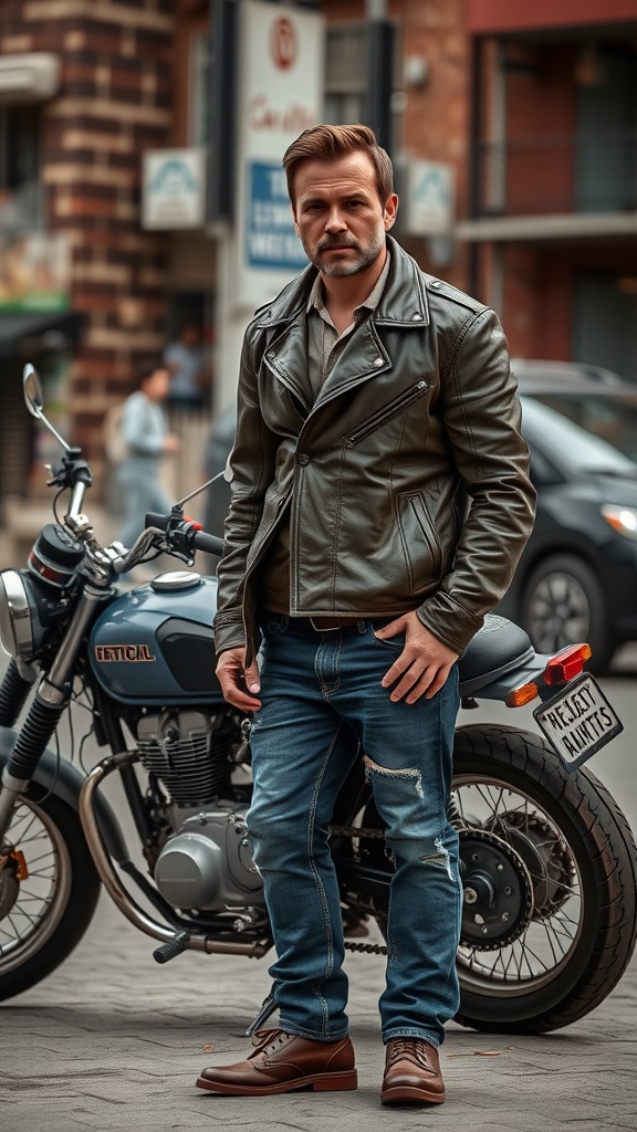 A man wearing a rugged leather jacket and distressed jeans, standing next to a motorcycle.